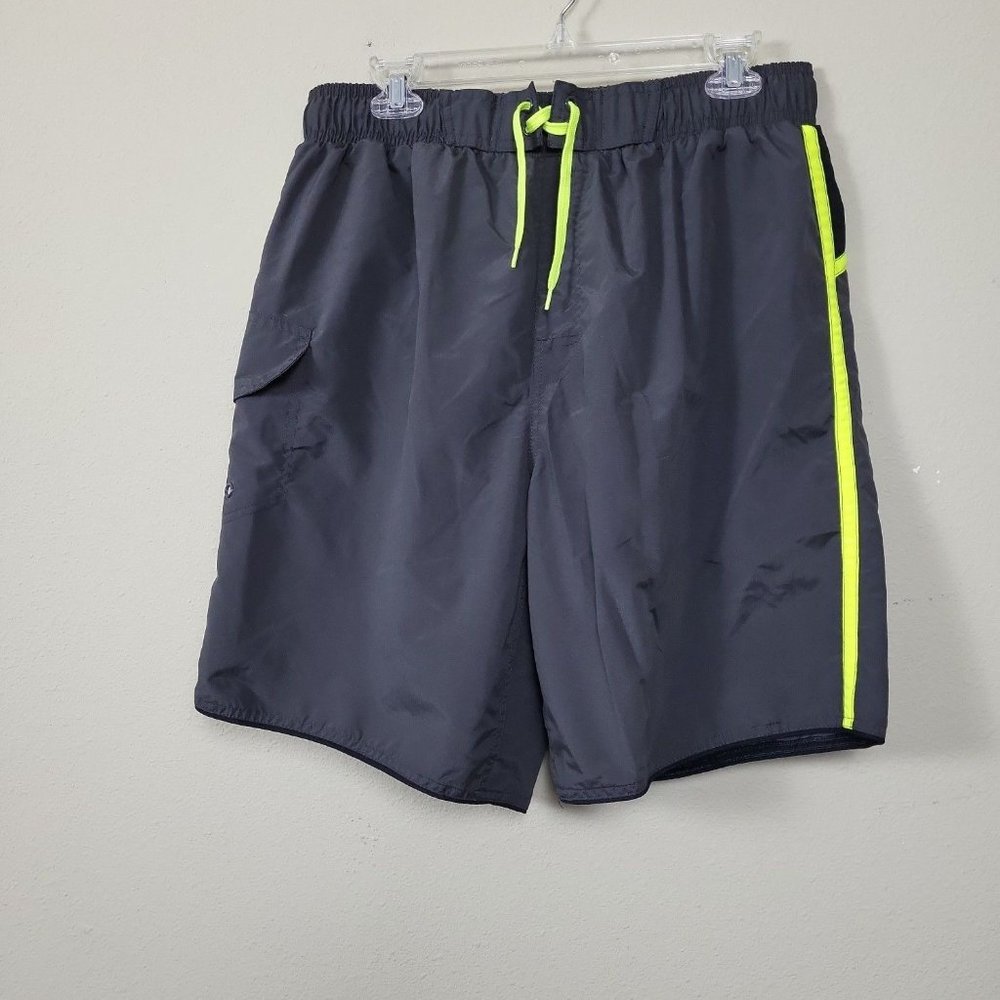 Laguna Originals Men's Size L Swim Trunks Gray With Neon Track Stripes Lined